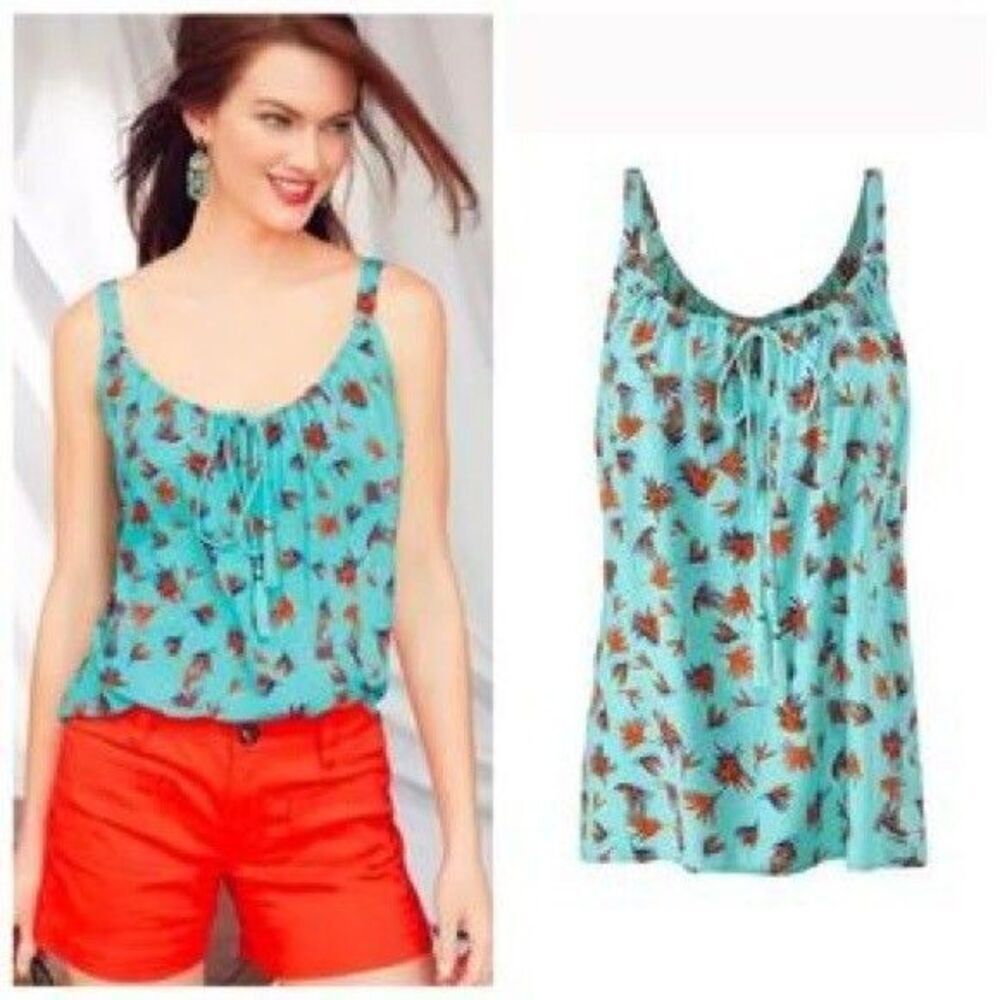 Women's Cabi # 5230 "Tassle Tank" Rayon Palm Leaf Print Aqua Blue/Red SM